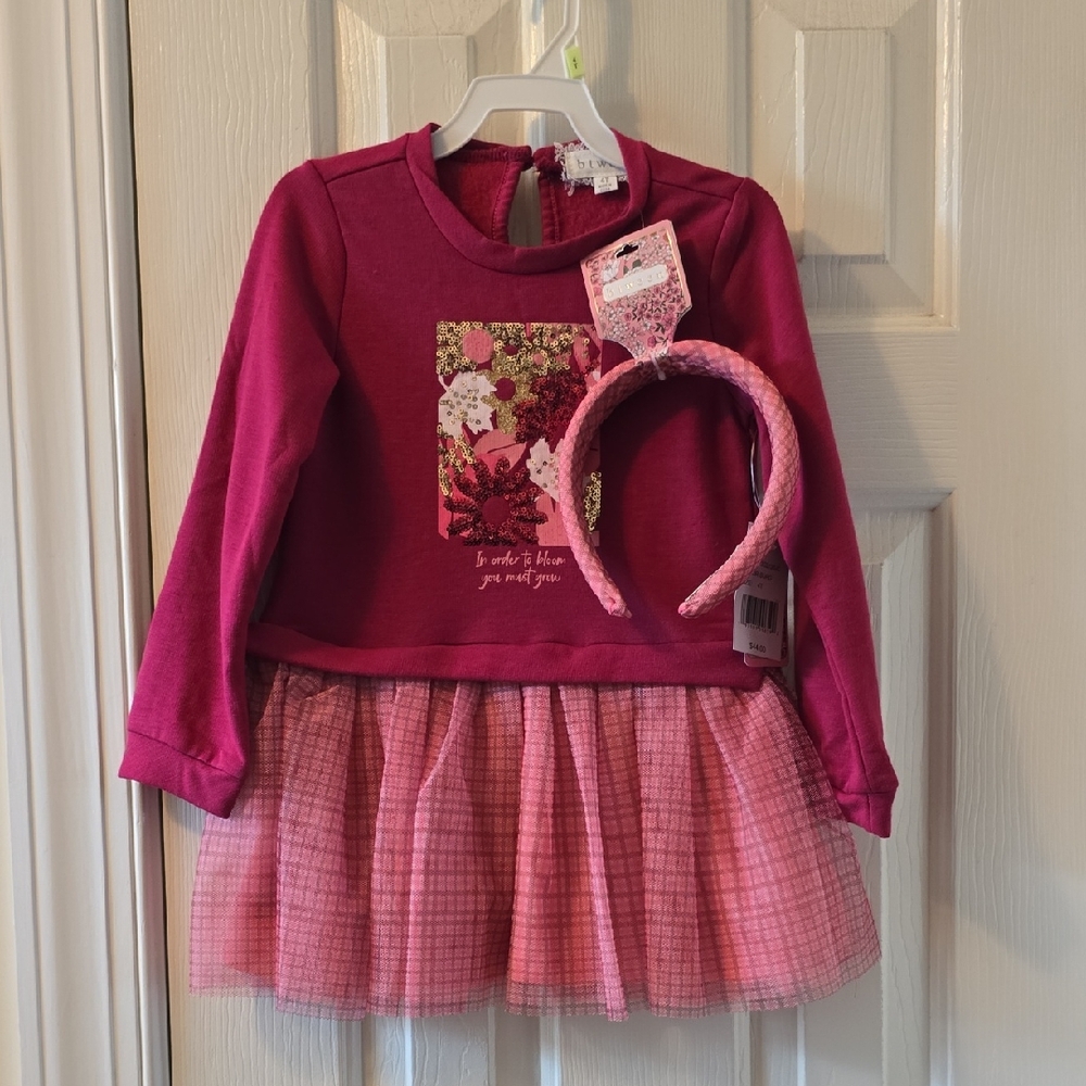 BTWEEN BRAND TODDLER GIRLS PINK LONG SLEEVES DRESS WITH MATCHING HEADBAND 4T